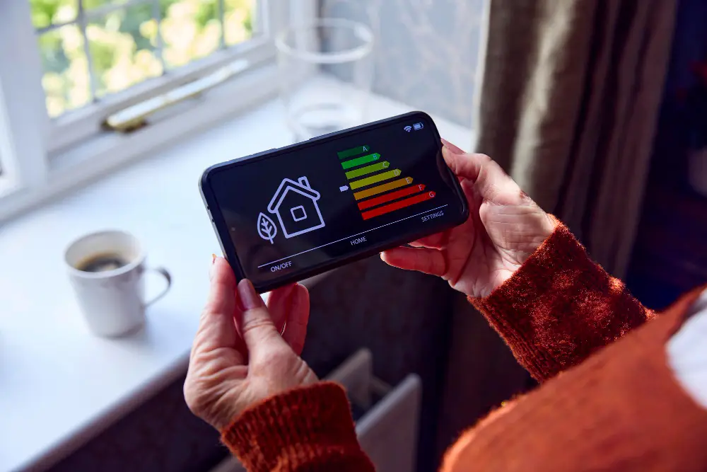 Person holding smartphone displaying home energy rating chart with efficiency indicators, coffee cup in background, related to home energy ratings and construction themes.
