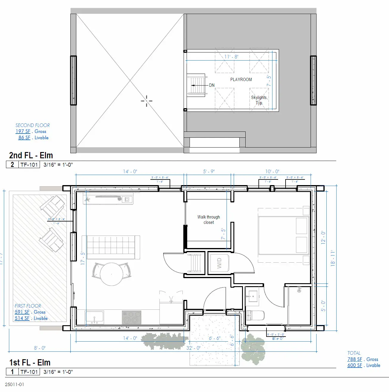 Elm floor plan showcasing a two-story custom home layout with designated areas for living, dining, kitchen, and a playroom, emphasizing Bradford Construction Management's personalized design approach.