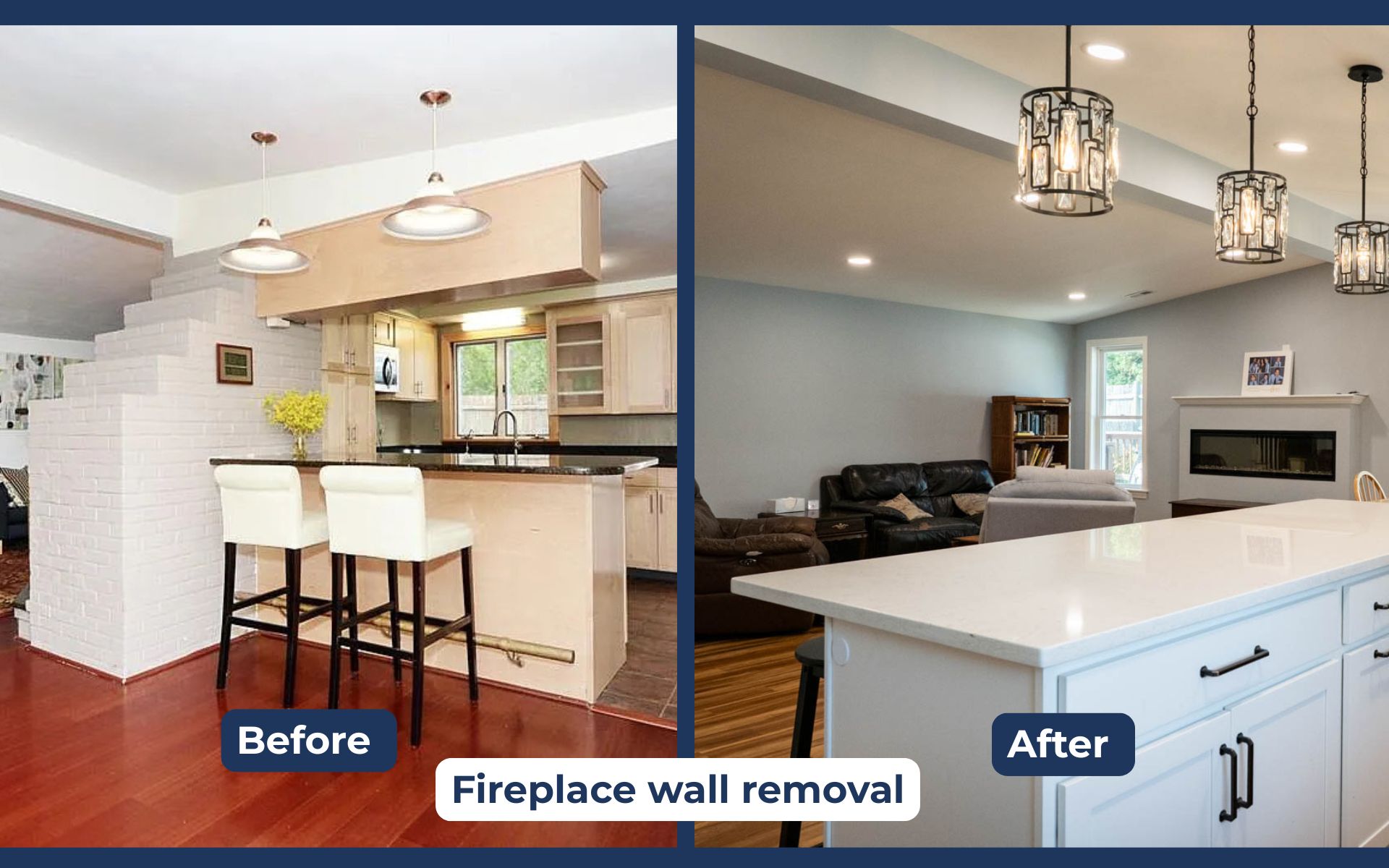 Fireplace wall removal creating open concept