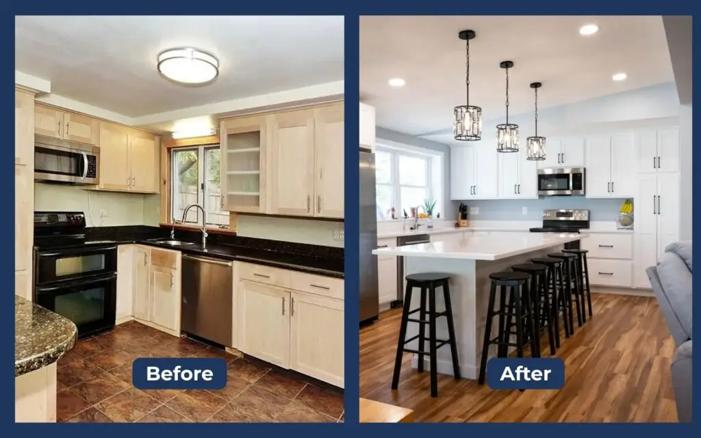 Before and after kitchen renovation showcasing updated cabinetry, modern lighting fixtures, and a spacious island with seating, emphasizing enhanced functionality and aesthetic appeal.