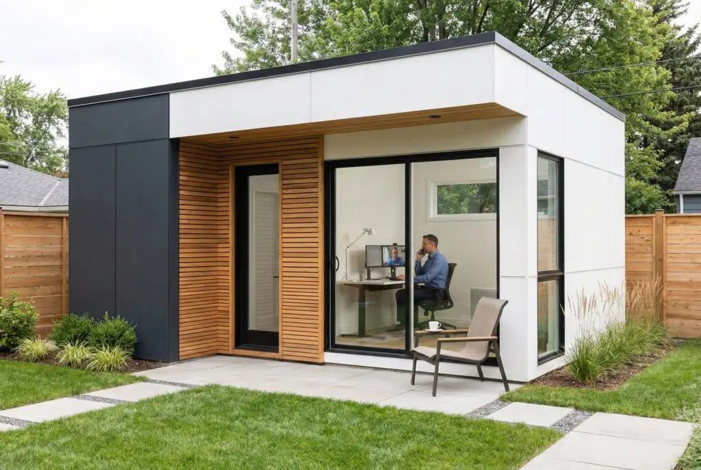 Modern ADU workspace with a man working at a desk, showcasing a sleek exterior design and outdoor greenery, emphasizing home office potential and renovation ideas.