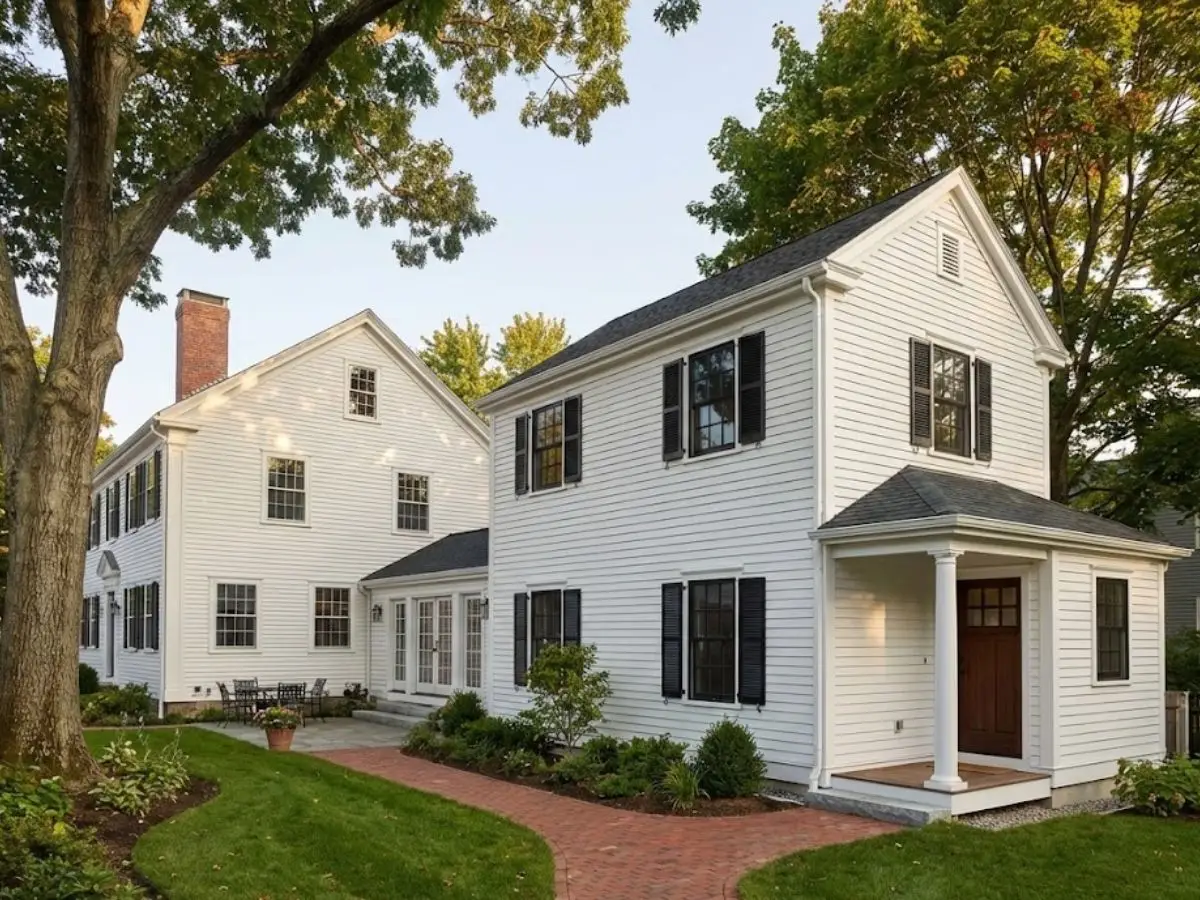 ADU construction project showcasing a historic-style home with white siding, black shutters, and a brick pathway in a lush green landscape, emphasizing neighborhood character in Newburyport.