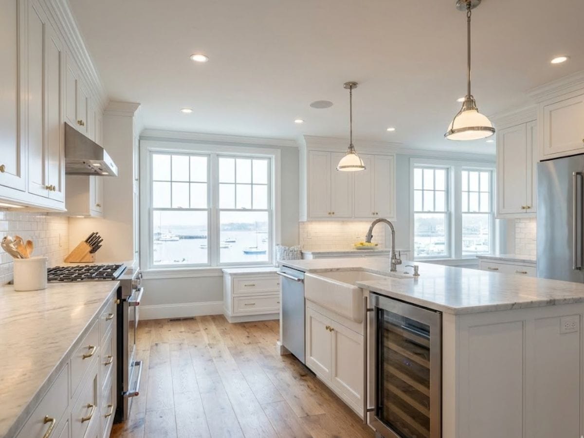 Coastal kitchen remodel featuring white cabinetry, marble countertops, and harbor views, emphasizing modern design and functionality for residential renovations in Newburyport.