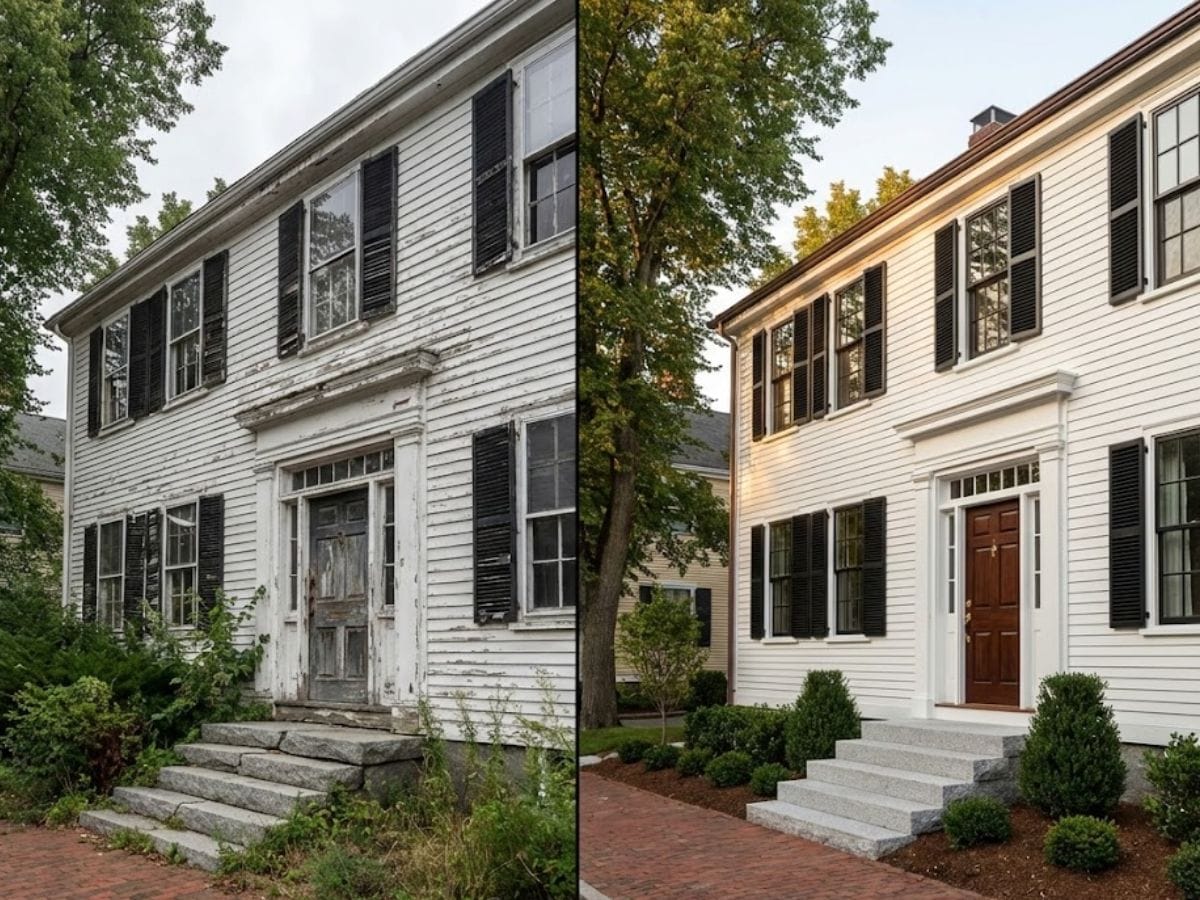 Federal-style home exterior transformation, showcasing before and after renovation, highlighting enhanced curb appeal, new landscaping, and restored architectural details.