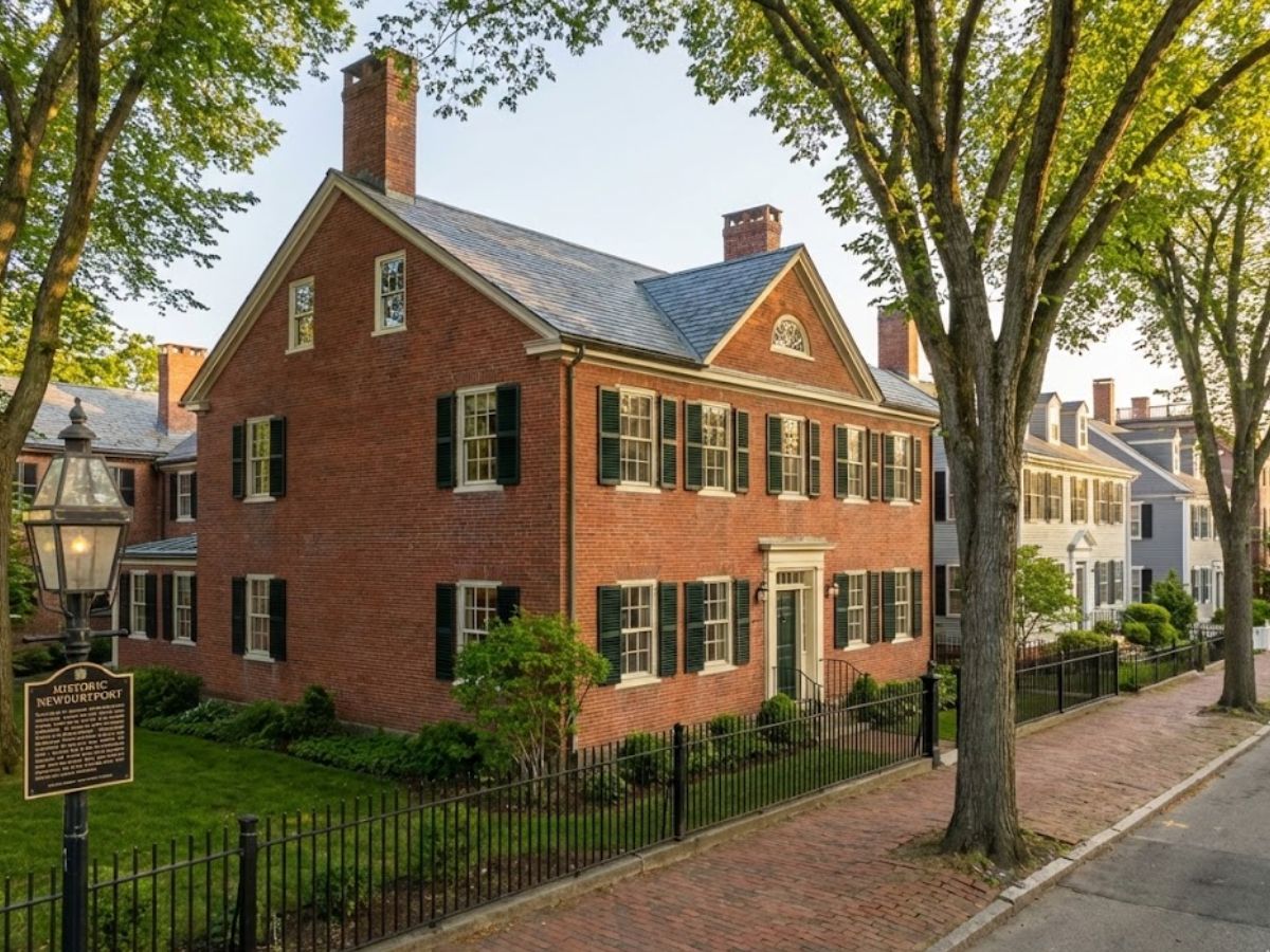 Historic Federal-style home in Newburyport's Historic District, featuring red brick facade, green shutters, and landscaped front yard with lamp post and historical marker, showcasing architectural character and charm.