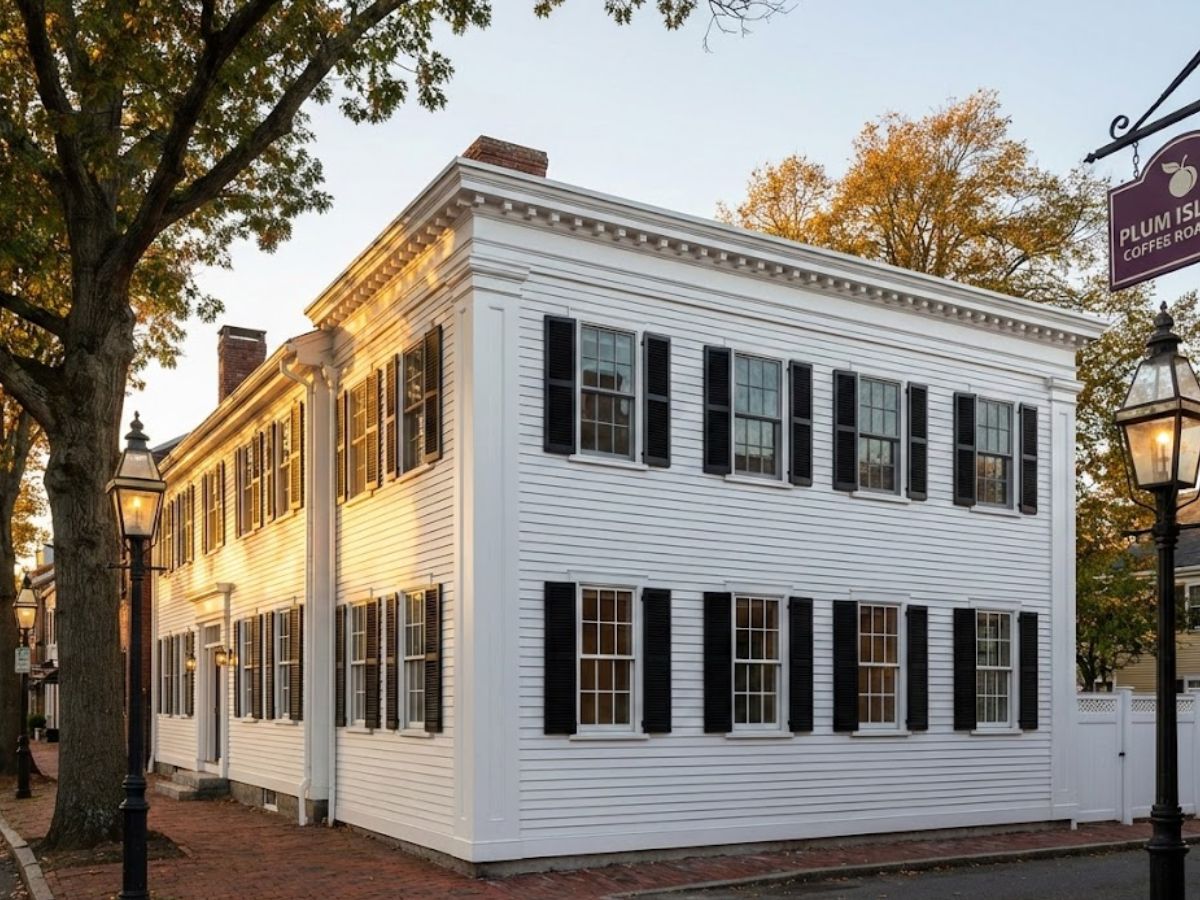 Historic white Colonial-style building in Newburyport, Massachusetts, featuring black shutters, surrounded by trees and street lamps, highlighting the area's architectural preservation and coastal construction expertise.