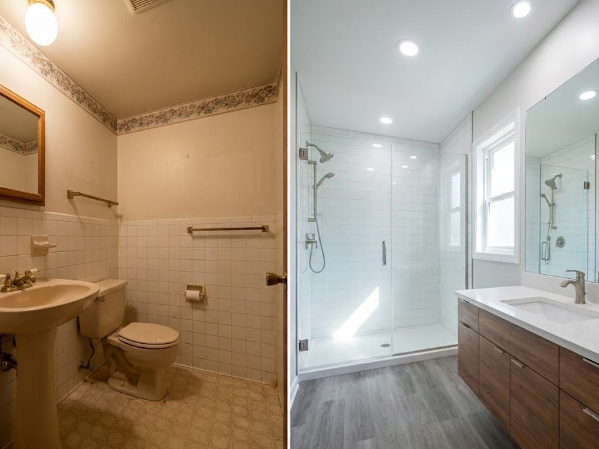 Before and after images of a bathroom remodel showcasing an outdated space with old fixtures and tiles transformed into a modern bathroom featuring clean lines, a spacious shower, and contemporary finishes.