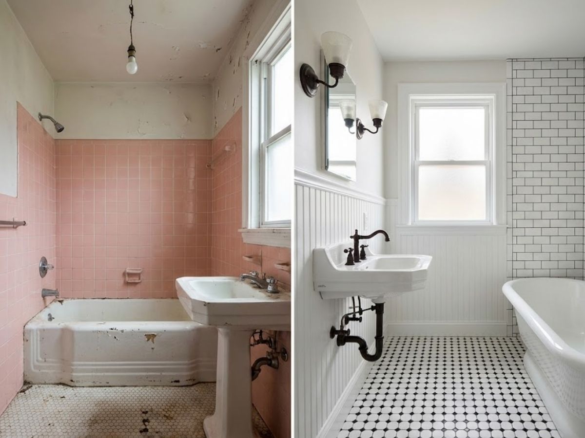 Before and after bathroom transformation showcasing outdated pink tile and fixtures on the left, modern finishes with clean lines and a bright layout on the right, emphasizing the renovation by Bradford Construction Management.