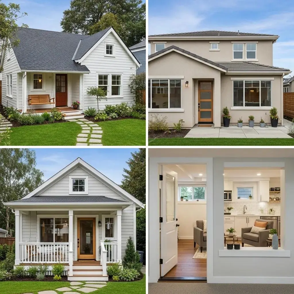 Collage of various Accessory Dwelling Units (ADUs): detached cottage-style home, modern attached unit, small front porch house, and interior view of a converted living space showcasing kitchen and living area.