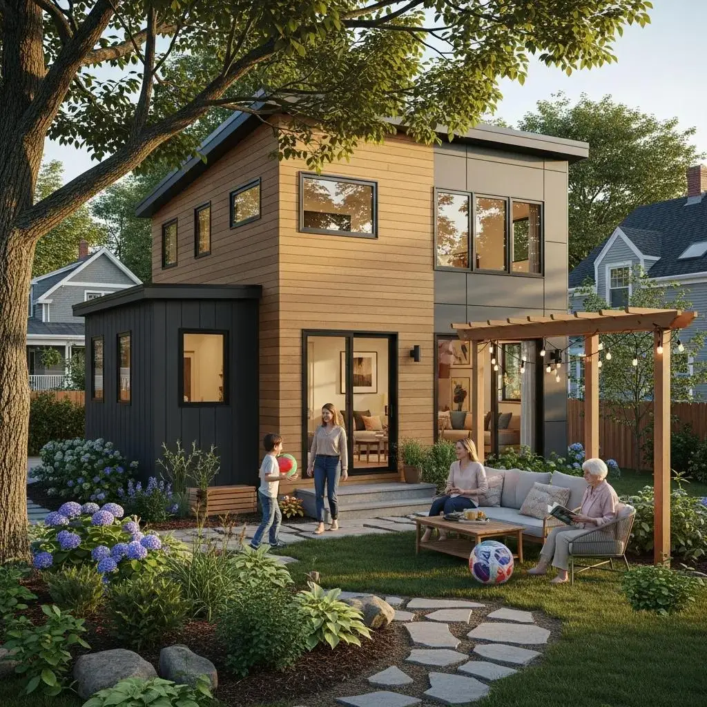 Modern accessory dwelling unit (ADU) in Massachusetts with family enjoying outdoor space, featuring landscaped garden and patio seating.