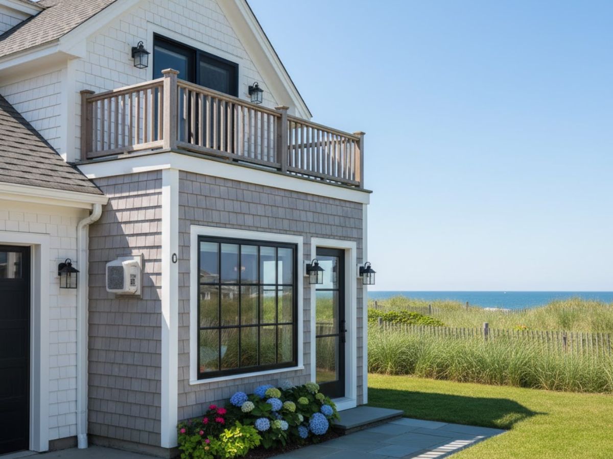 Cozy coastal home with a balcony, gray shingle siding, large windows, and colorful hydrangeas, overlooking the ocean, ideal for accessory dwelling units in Newburyport, MA.