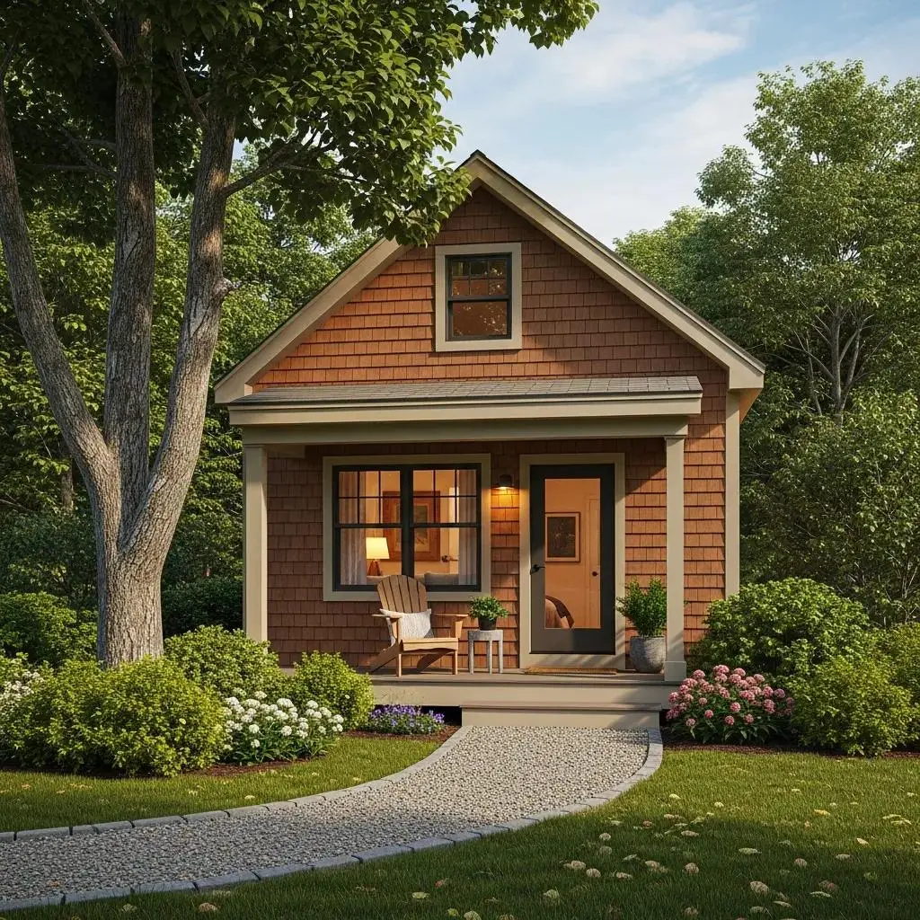 Cozy accessory dwelling unit (ADU) in North Shore MA, surrounded by greenery, featuring a welcoming porch and well-maintained landscaping.