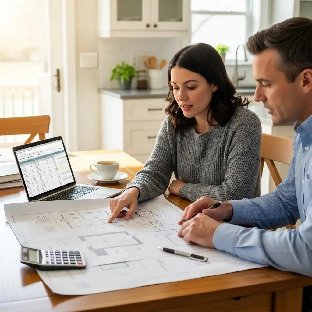 Homeowner discussing kitchen remodel plans with a financial advisor, reviewing blueprints and financing options, laptop displaying budget calculations, coffee cup on table.