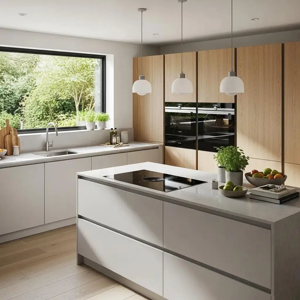 Modern kitchen design featuring sleek cabinetry, energy-efficient appliances, and a spacious island with a cooktop, surrounded by natural light from a large window and greenery.