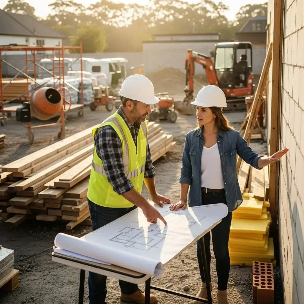 Construction manager discussing plans with a homeowner at a construction site, showcasing collaboration