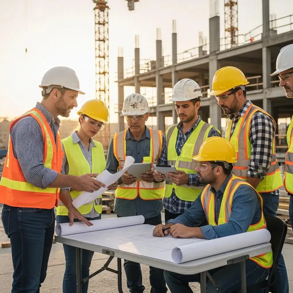 Construction manager providing guidance to a team at a construction site
