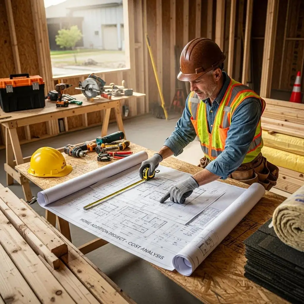 Construction worker reviewing blueprints for a home addition project, surrounded by materials