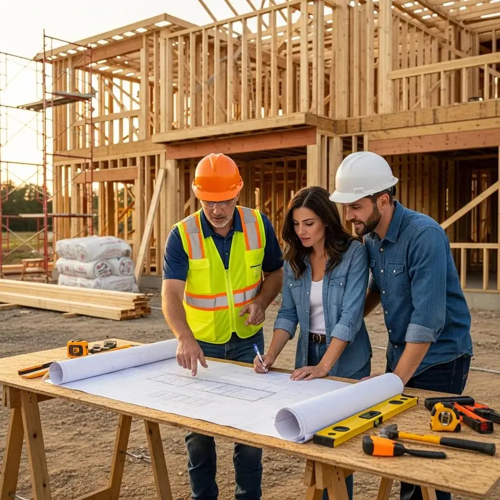 Design-build contractor collaborating with homeowners at a construction site, reviewing blueprints and discussing project details.