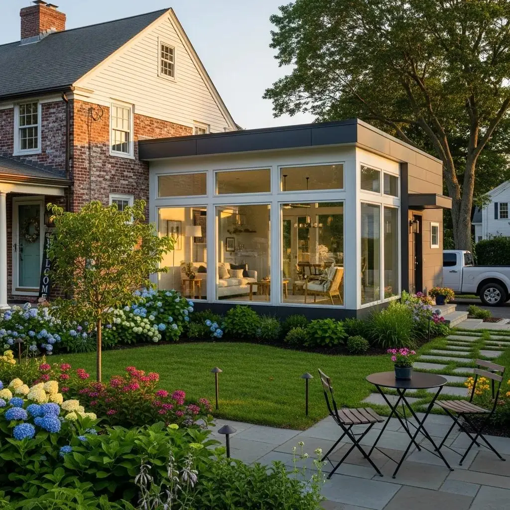 Modern home addition in Massachusetts featuring large windows, contemporary architecture, and landscaped garden with colorful flowers.