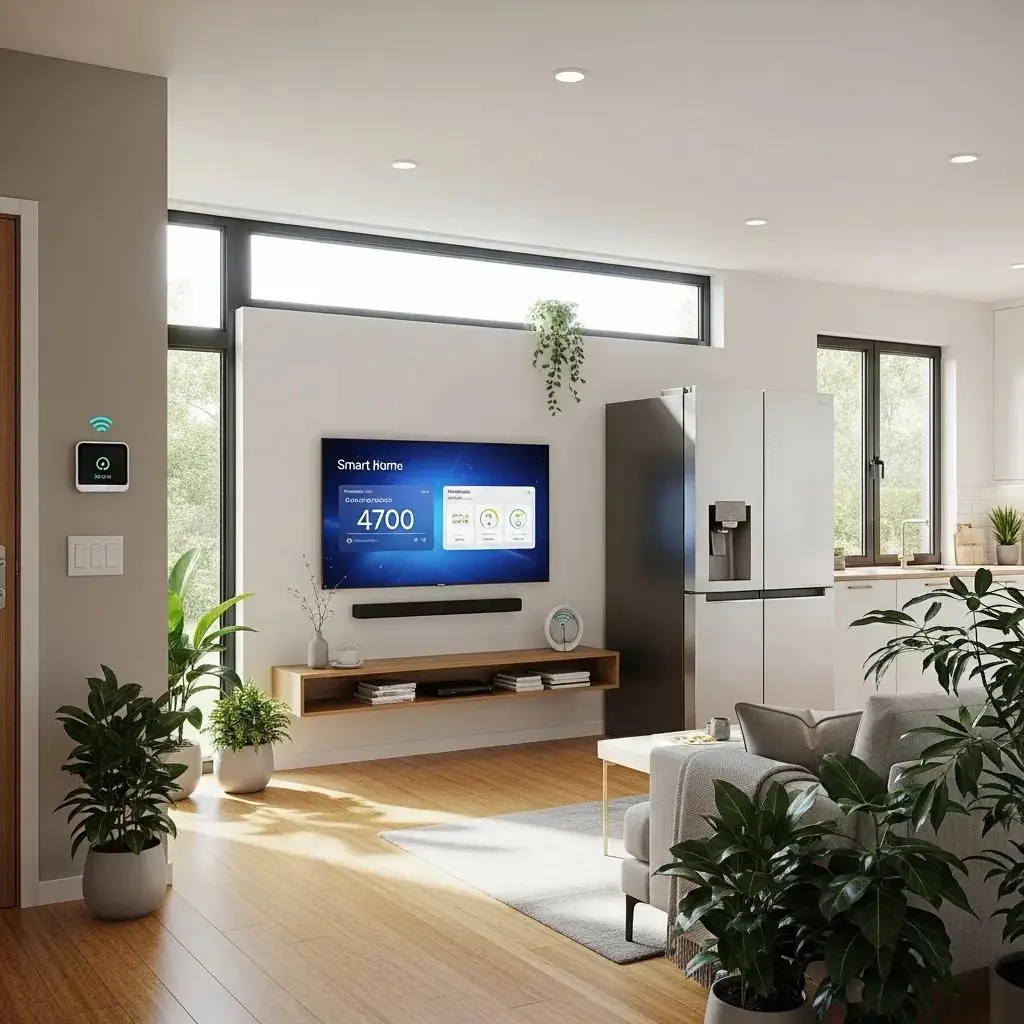 Modern home interior featuring sustainable materials and smart technology integration