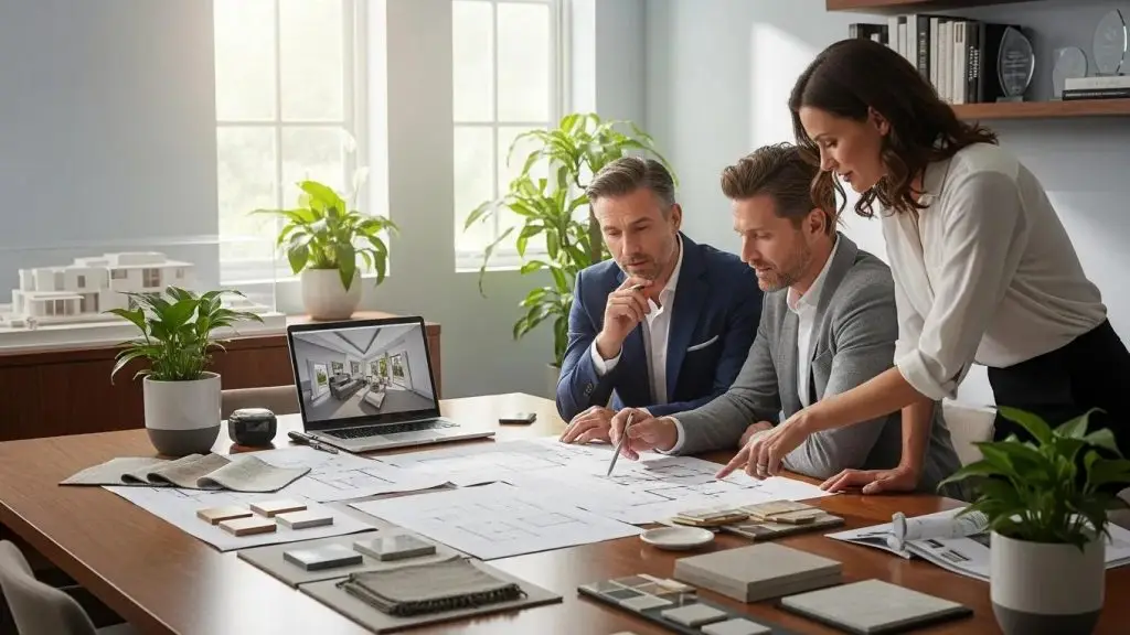 Luxury home architect collaborating with clients on personalized design plans
