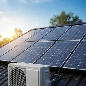 Solar panels on a modern home roof with a heat pump unit, highlighting energy efficiency