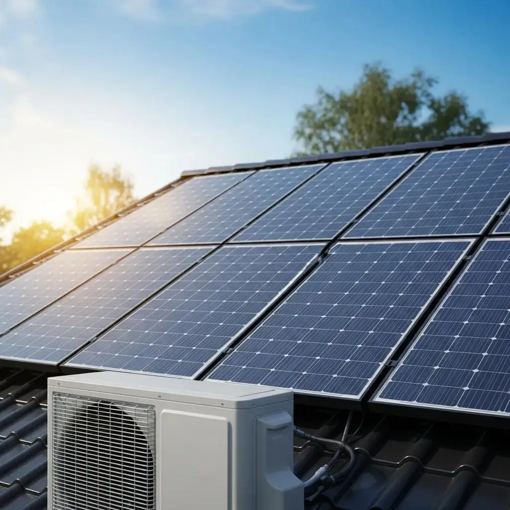 Solar panels on a modern home roof with a heat pump unit, highlighting energy efficiency