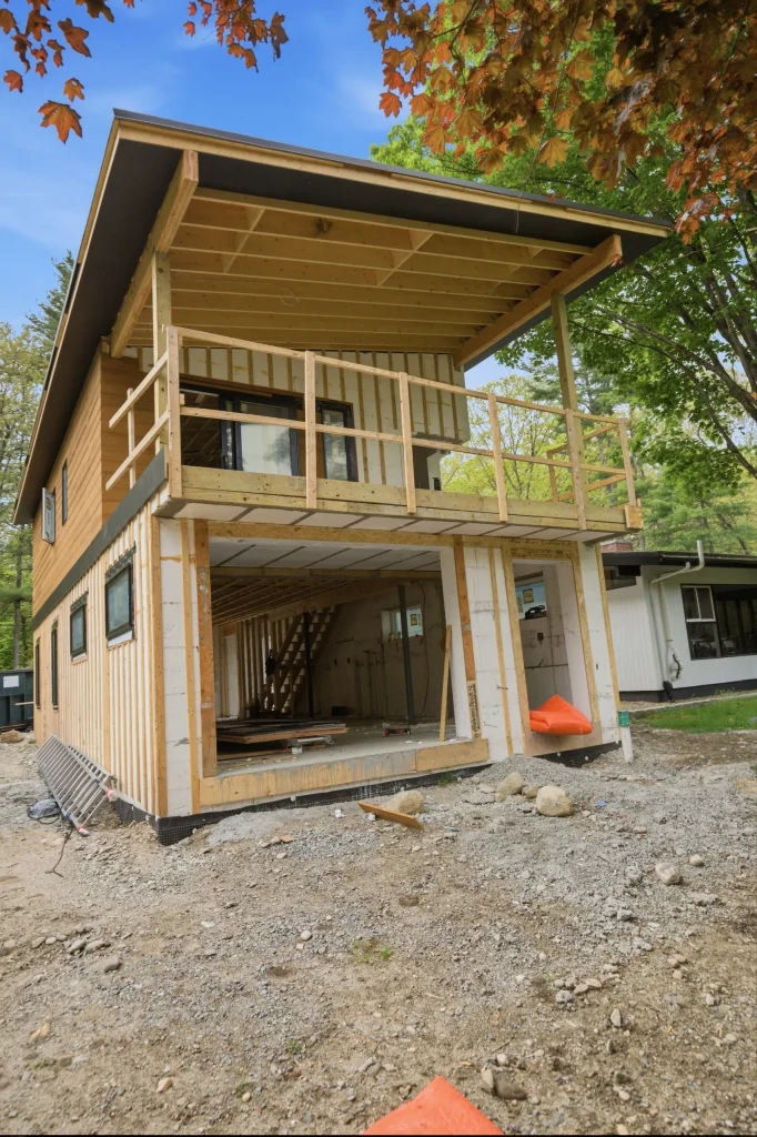 Wooden house under construction with exposed framing and a balcony.