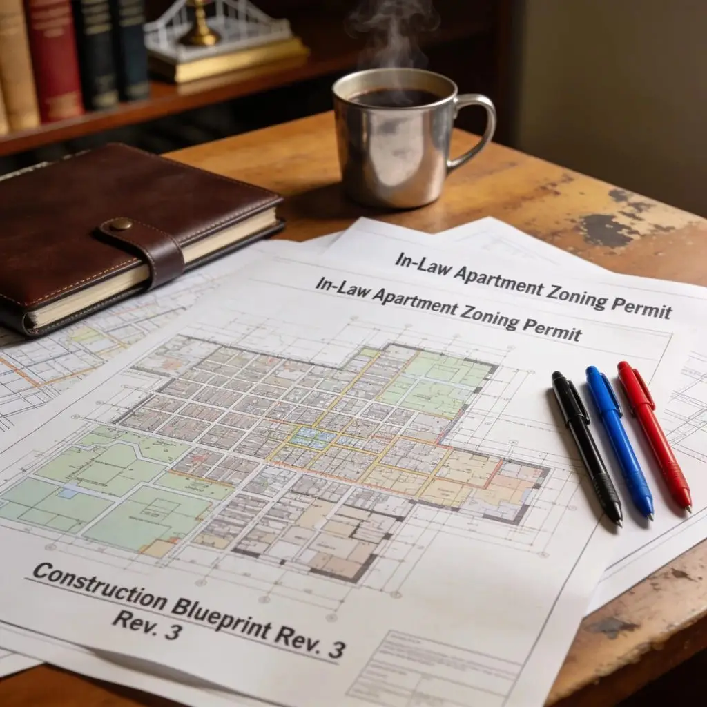 Close-up of zoning maps and construction blueprints reflecting the legal requirements for building in-law apartments