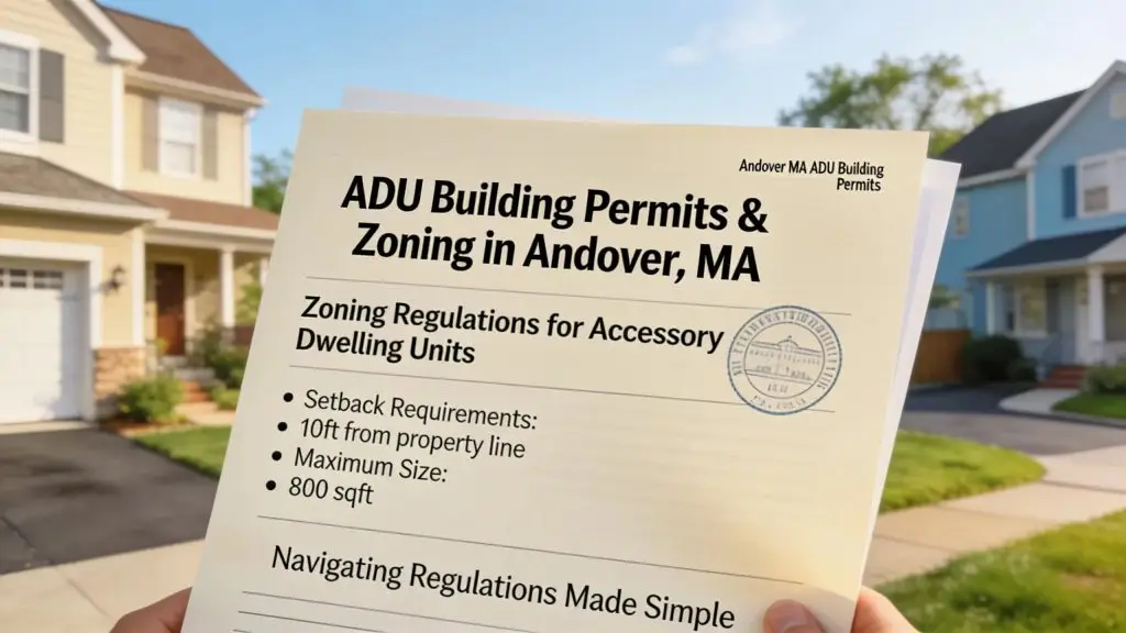 Close-up of building permits alongside a neighborhood backdrop relevant to ADU construction