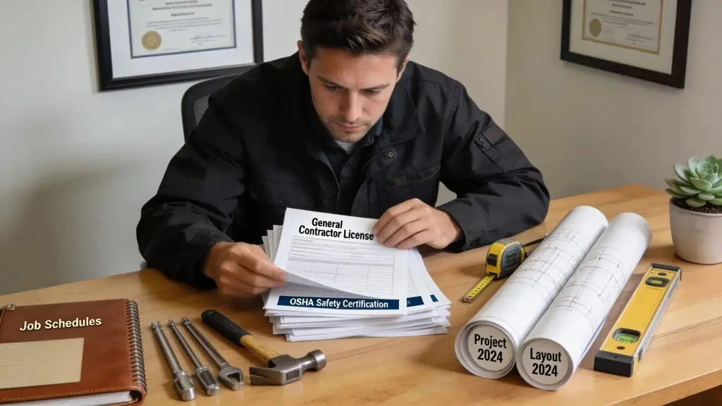 Contractor reviewing licenses and certifications at a desk