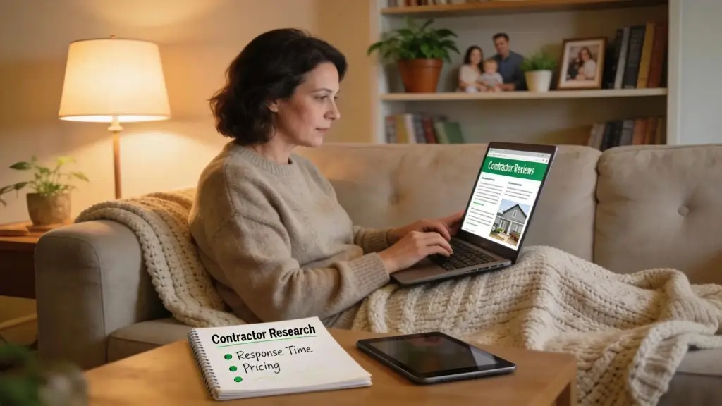Homeowner reading contractor reviews on a laptop