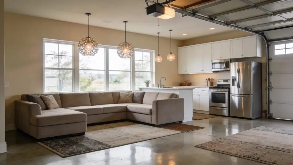 Cozy, modern garage conversion into an accessory dwelling unit showcasing inviting living space