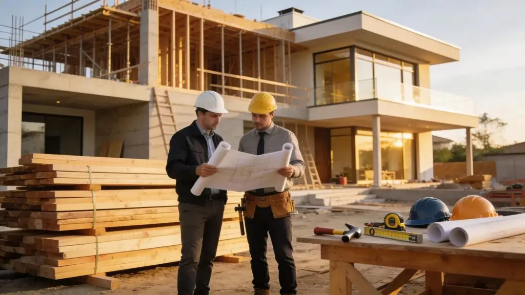 Luxury home construction scene with contractors reviewing plans