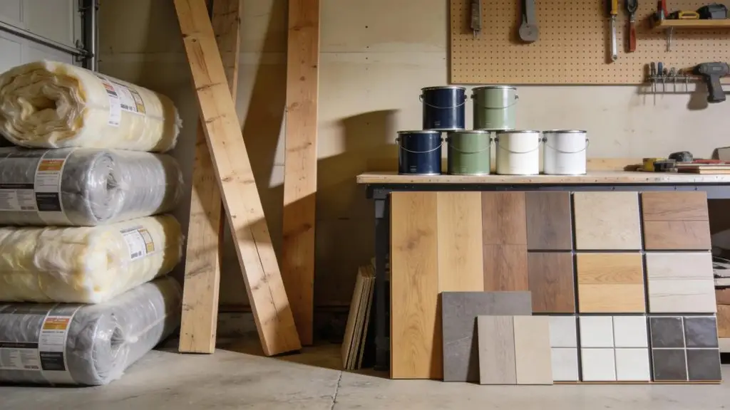 Various construction materials for garage conversions, including insulation, wood, and flooring samples