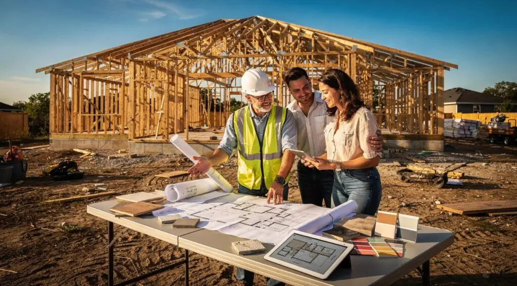 Builder discussing custom home plans with clients at construction site