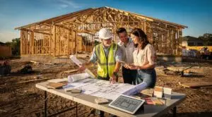 Builder discussing custom home plans with clients at construction site