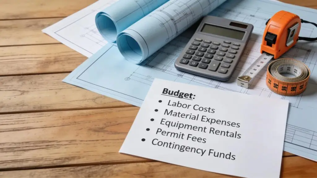 Flat lay of construction materials and budget tools illustrating key components of a custom home budget