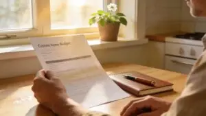 Homeowner reviewing a custom home budget at a kitchen table, reflecting on financial decisions