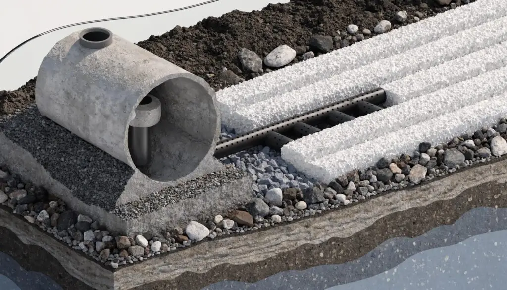Illustration of septic system components relevant to Title 5 compliance in Massachusetts