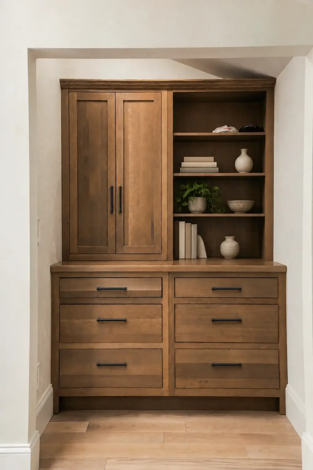 Recessed wood cabinetry fitted into a bedroom nook