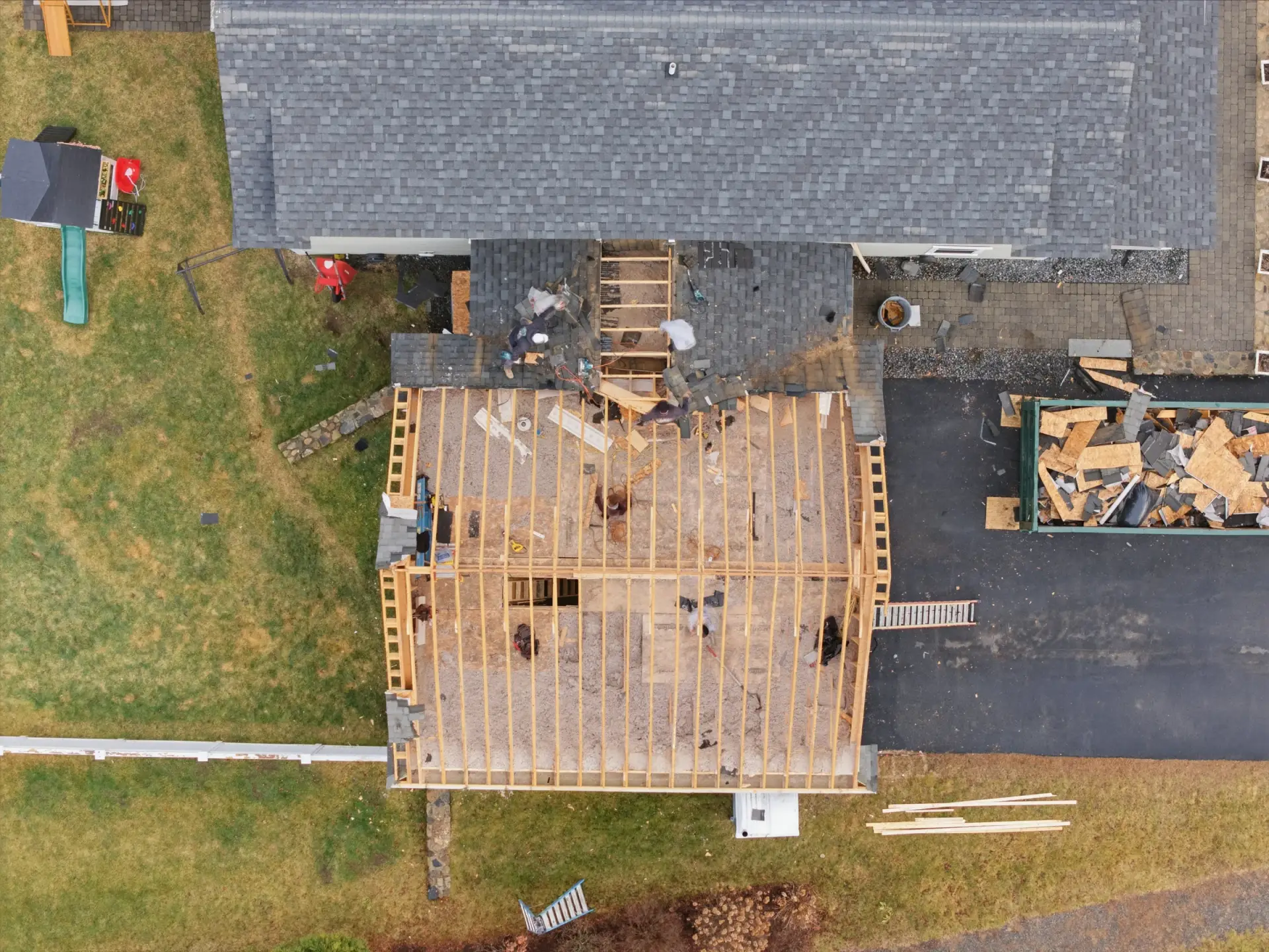 Garage roof during demolition, viewed from above